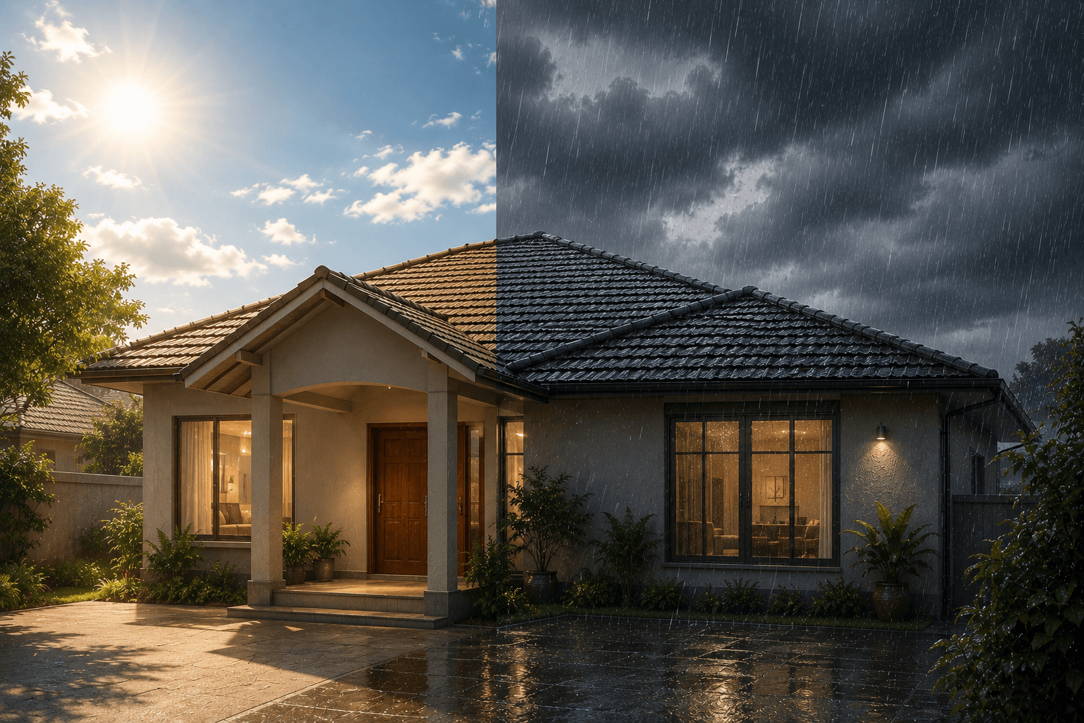 Waterproofing paint protecting a wall in monsoon rain